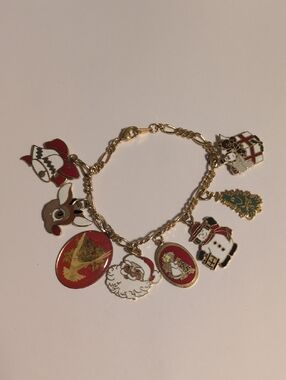 1980s Vintage Made In Korea Gold Christmas Charm Bracelet - Red & Green Charms